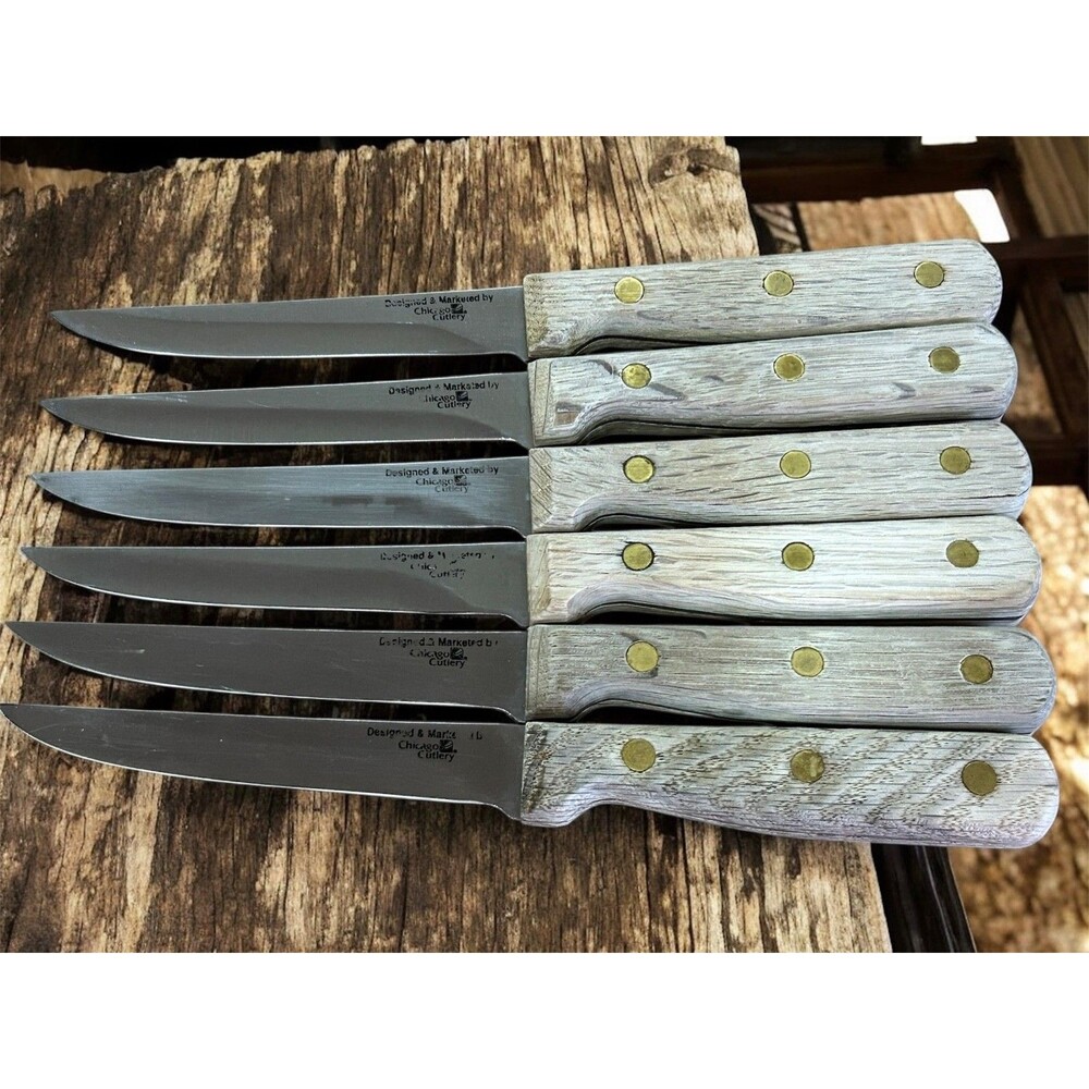 Vintage Chicago Cutlery 6 Steak Knives Wood Handle 4" Blade Full Tang